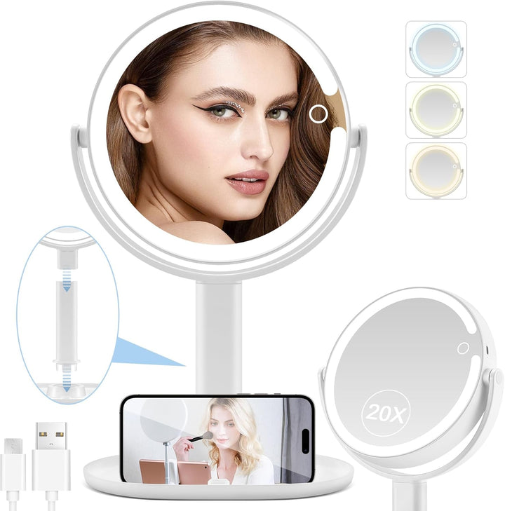 Illuminated makeup mirror with 20X magnification, adjustable LED light for precise beauty & skincare.