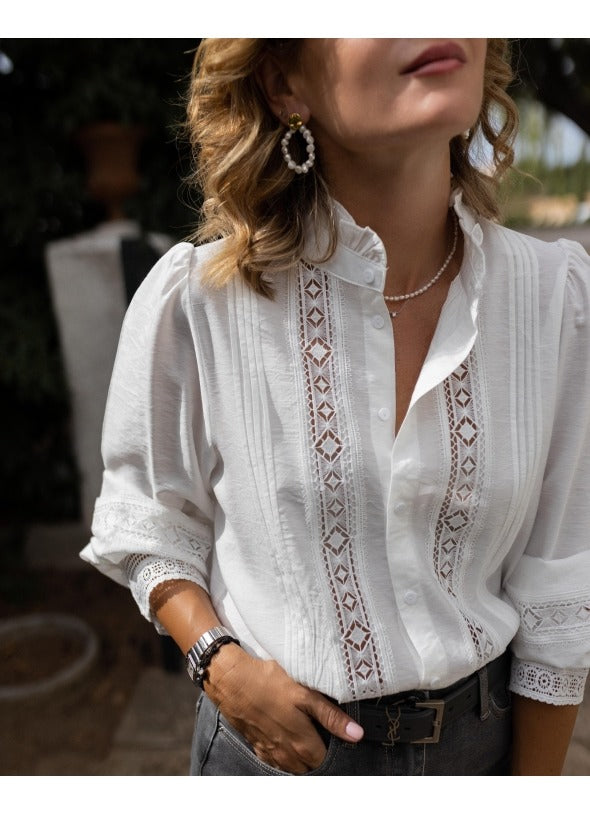 Stylish & comfortable women's long sleeve button-down blouse, perfect for elegant everyday wear.