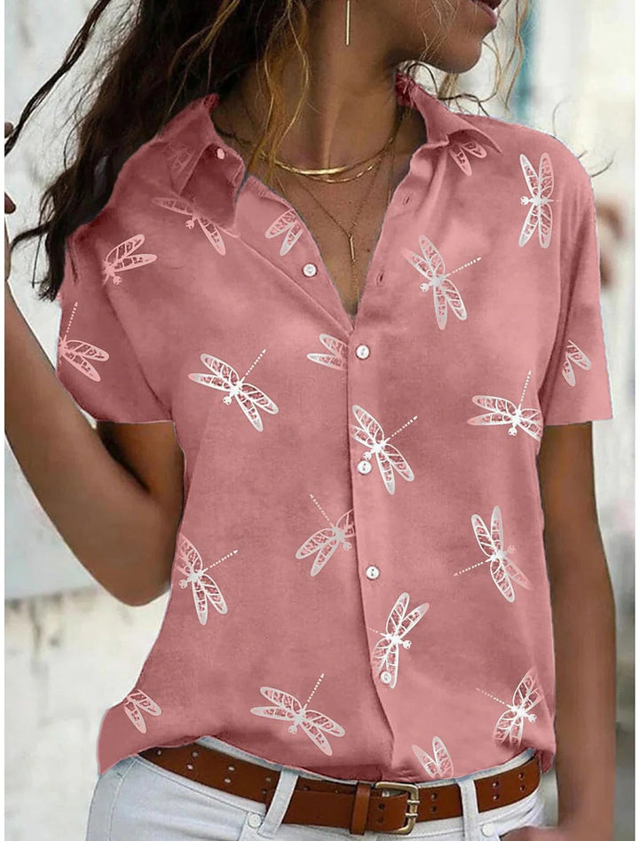 Women's short sleeve button down shirt with a vibrant dragonfly print. Casual v-neck summer top.