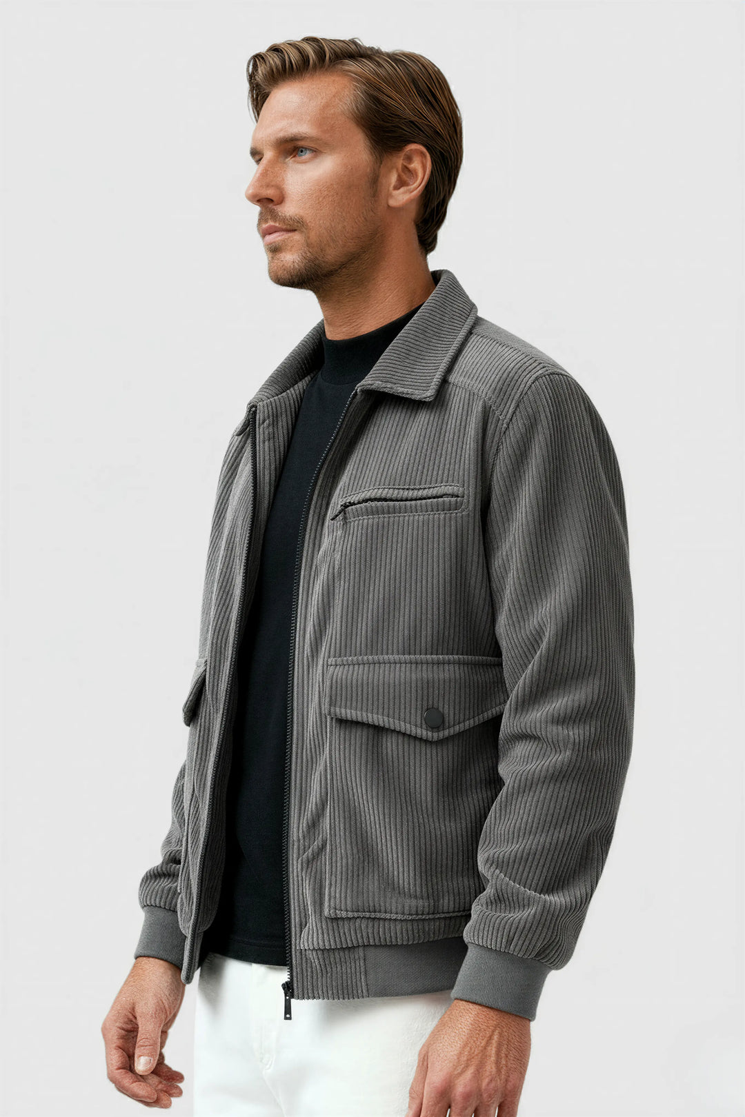 Grey textured men's jacket with a classic cut, suitable for casual outerwear. Perfect autumn/winter style.