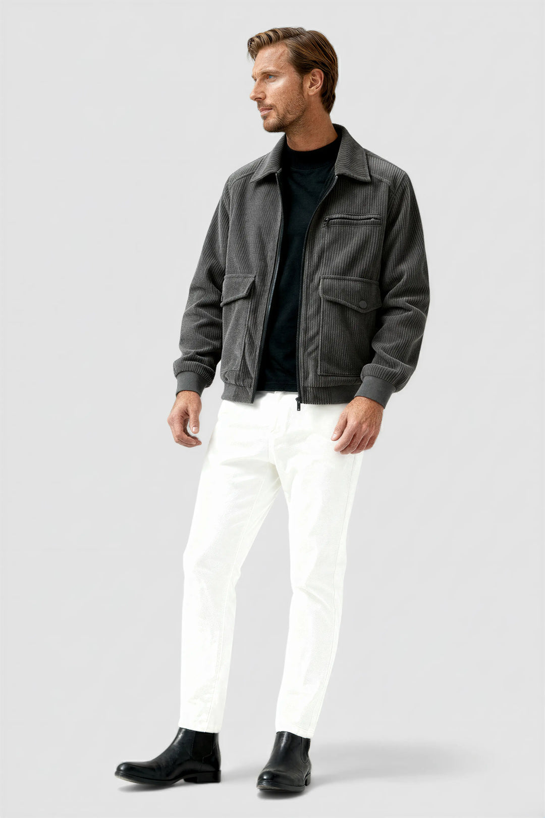 Stylish men's grey textured jacket. A classic autumn/winter layering piece, great for casual outfits.