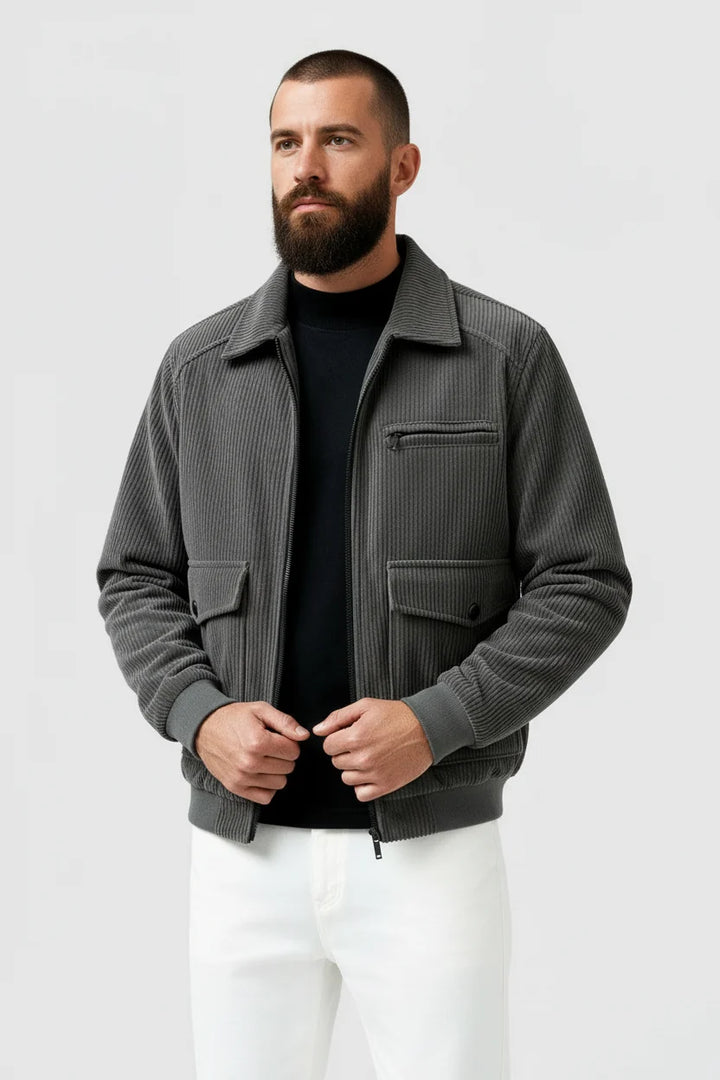 Men's classic grey textured jacket, perfect casual outerwear for stylish men. Autumn/winter layering piece.