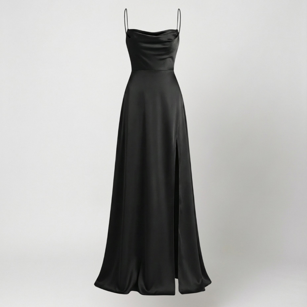 Chic women's slip maxi dress with an elegant leg slit, adjustable straps, perfect for formal parties & night outs.