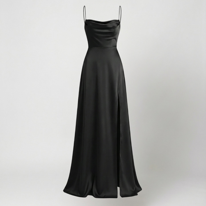 Chic women's slip maxi dress with an elegant leg slit, adjustable straps, perfect for formal parties & night outs.