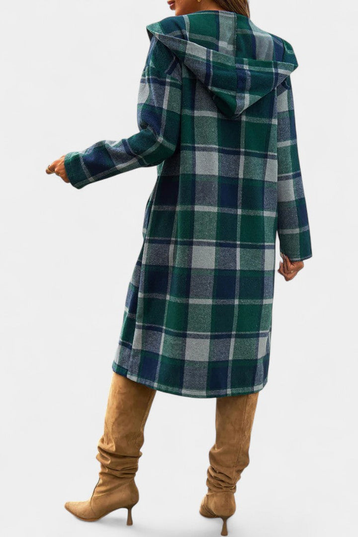 Comfortable women's hooded long plaid overcoat, great for winter layering.