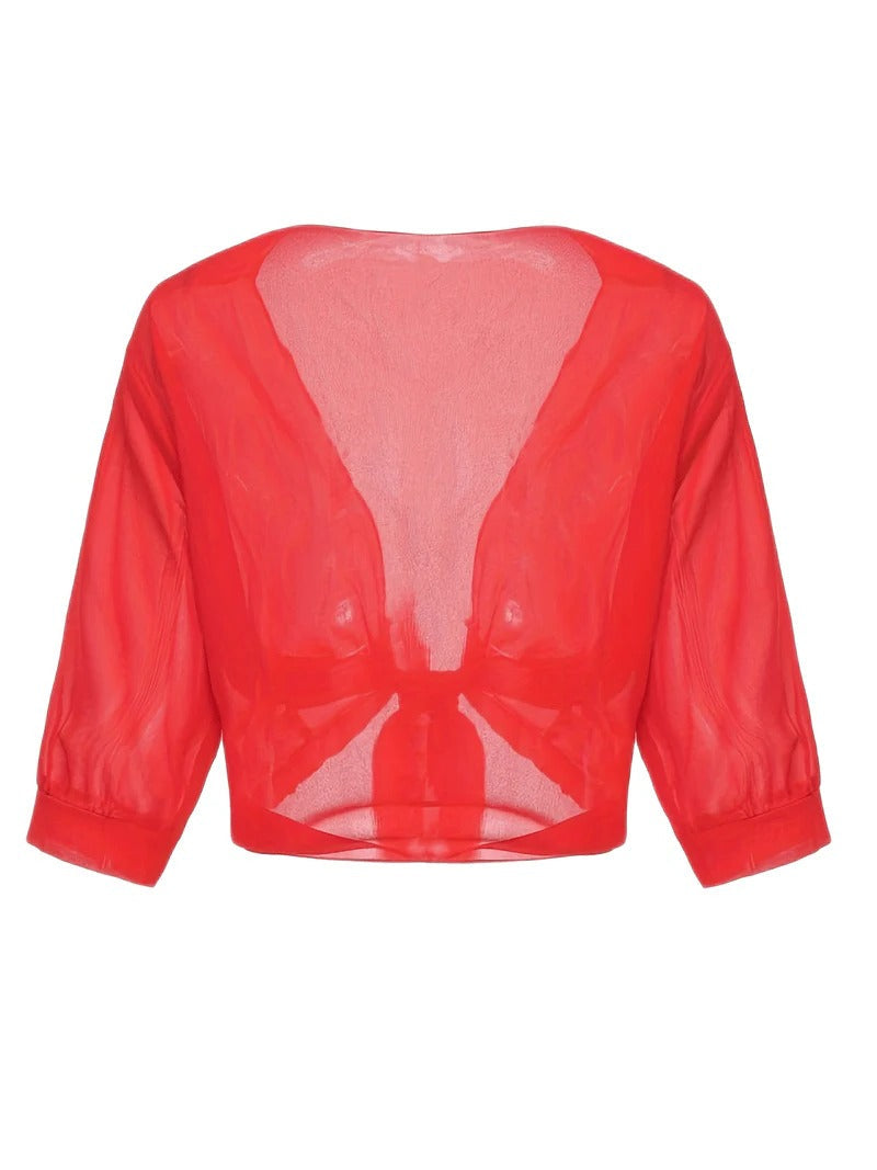 Comfortable women's sheer 3/4 sleeve crop cardigan, featuring a versatile tie front design.