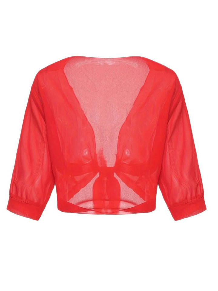 Comfortable women's sheer 3/4 sleeve crop cardigan, featuring a versatile tie front design.