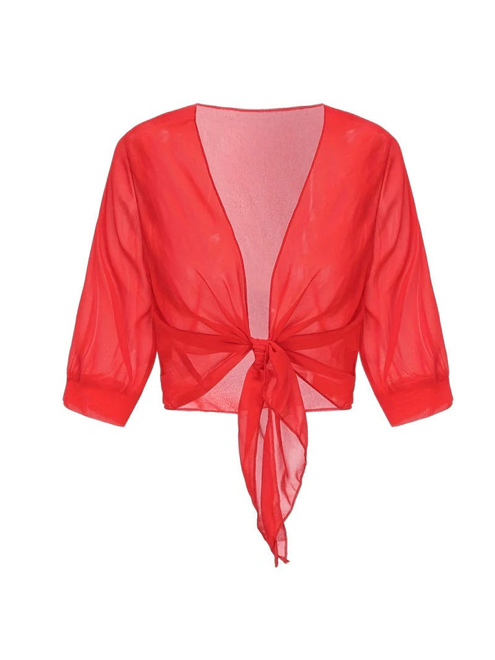 Dressy women's sheer tie front crop cardigan, suitable for both casual and semi-formal wear.