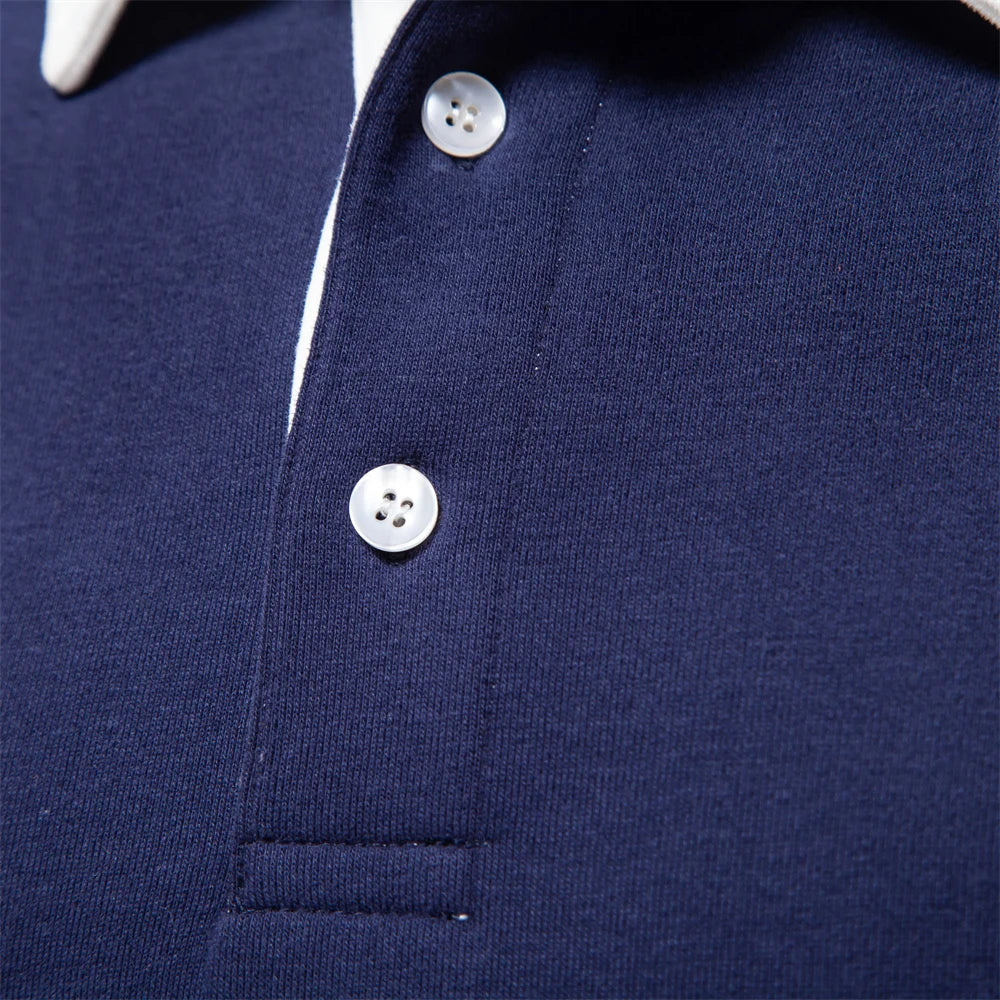 Cozy men's knit polo sweater with ribbed cuffs & hem, perfect long sleeve pullover for casual layering.