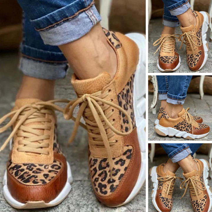 Chic women's leopard print fashion sneakers. Comfortable lace-up athletic shoes for casual wear & walking.