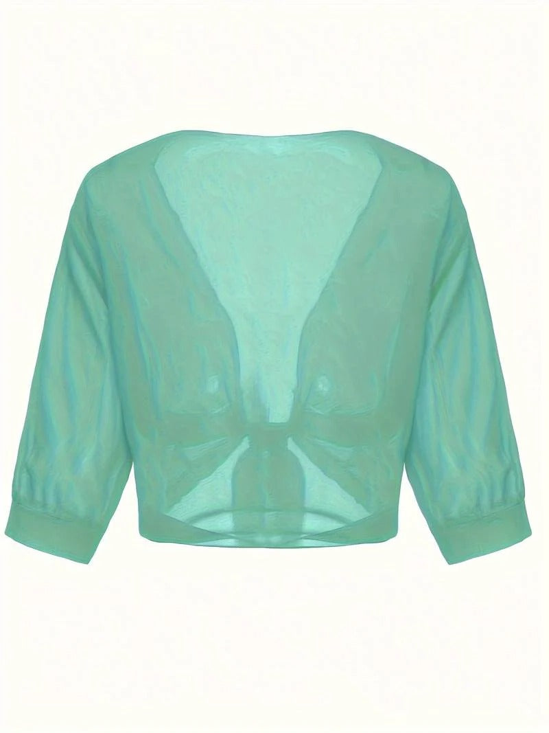 Breathable women's sheer crop cardigan with 3/4 sleeves and a chic tie front detail.