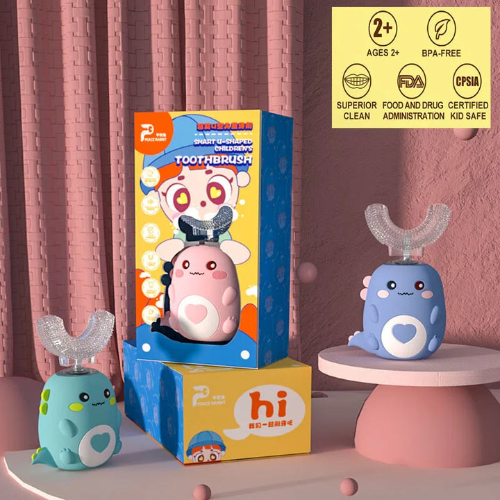 Fun sonic U-shaped toothbrush for toddlers, ensures thorough children's oral care.