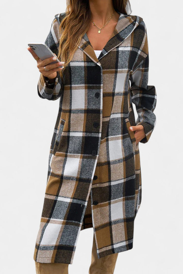 Fall/Winter women's long plaid hooded coat, an essential layering piece.