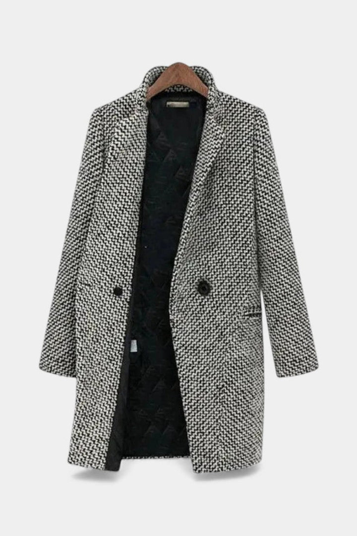 Classic women's long gray trench jacket, an elegant outerwear piece for fall and winter fashion.