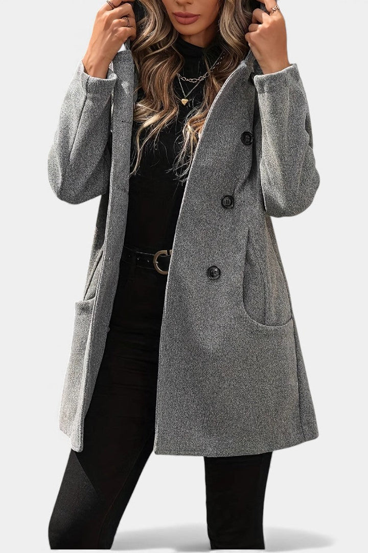 Versatile women's hooded mid-length coat. Double-breasted design, perfect for elegant fall & winter fashion.