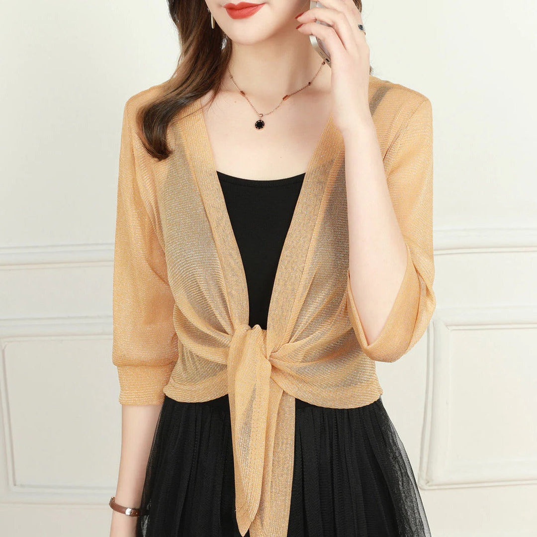 Casual women's sheer tie front crop cardigan, a versatile and chic addition to summer wardrobe.