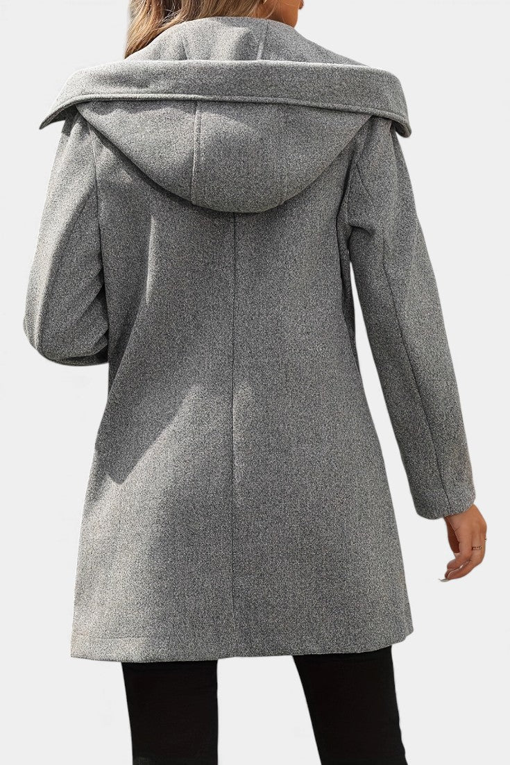 Women's double-breasted mid-length coat with hood. Chic and warm outerwear, ideal for fall & winter fashion.