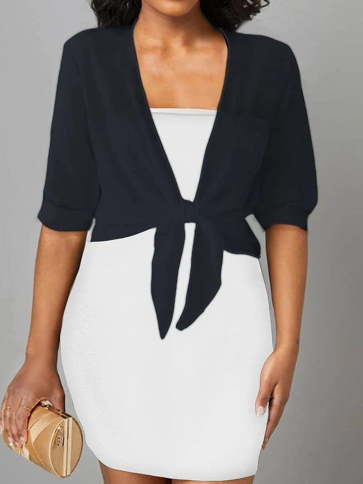 Elegant women's sheer crop top cardigan with adjustable tie front, ideal for summer chic.