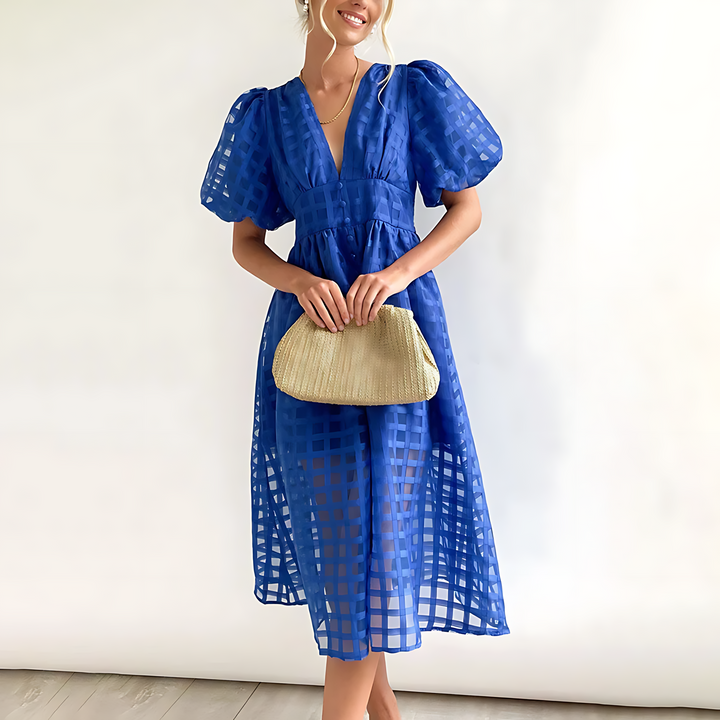 Versatile women's elegant midi summer dress. Distinct square pattern, puff sleeves. Great for fashion & occasions.