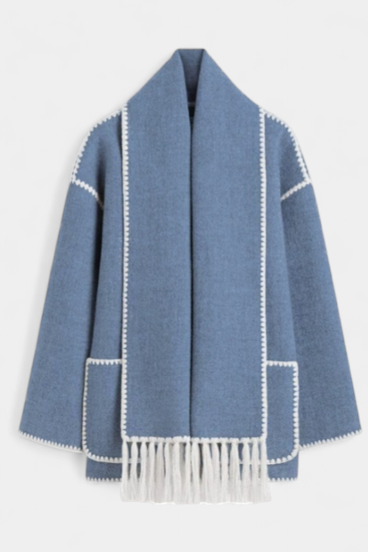 Fashionable women's long fringe-trim scarf coat, chic open-front outerwear for winter warmth.