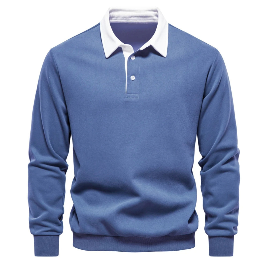 Warm men's classic knit polo sweater, a comfortable long sleeve pullover for casual daily wear.