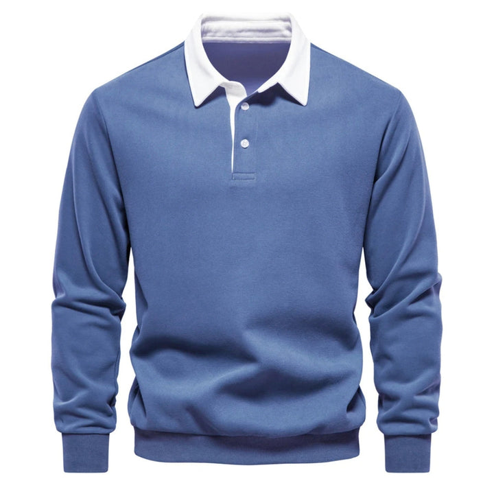 Warm men's classic knit polo sweater, a comfortable long sleeve pullover for casual daily wear.
