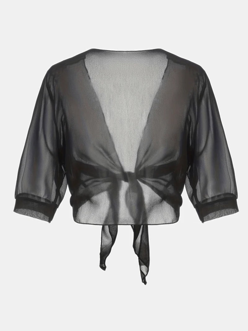 Light and airy women's sheer 3/4 sleeve crop cardigan with tie front, ideal for warm weather.