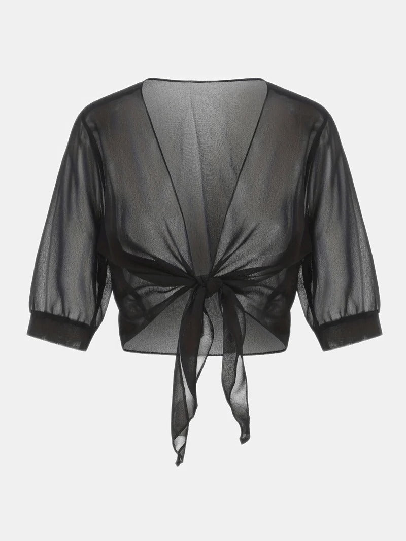 Sophisticated women's sheer crop cardigan with tie front, a stylish and practical layering piece.