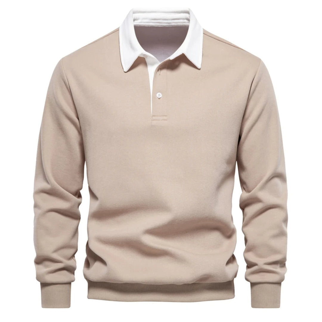 Men's knit polo sweater with structured collar, long sleeves, ideal classic pullover for casual layering.