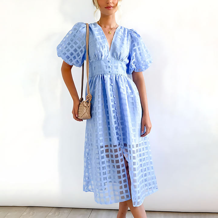 Elegant women's square pattern puff sleeve midi dress. A comfortable and fashionable choice for summer parties.
