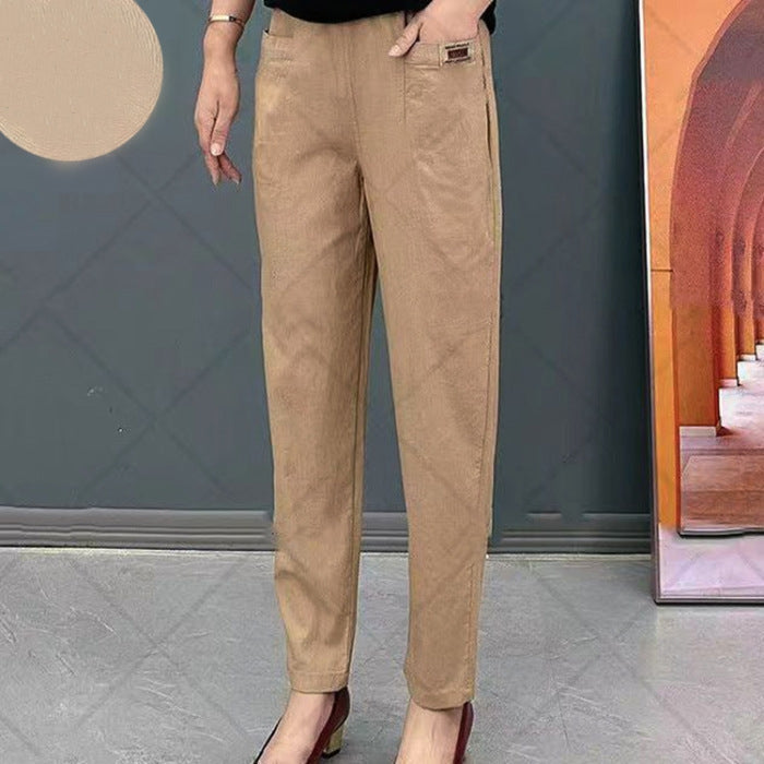 Khaki women's relaxed fit straight leg casual pants, ideal for comfortable daily wear.