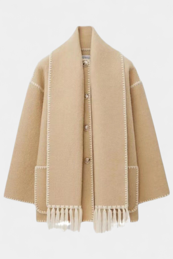 Chic women's elegant fringe scarf coat, a stylish open-front long outerwear piece.