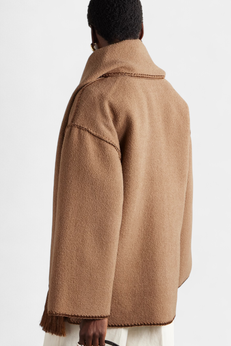 Warm & versatile women's fringe-trim scarf coat, perfect elegant outerwear for fall & winter.