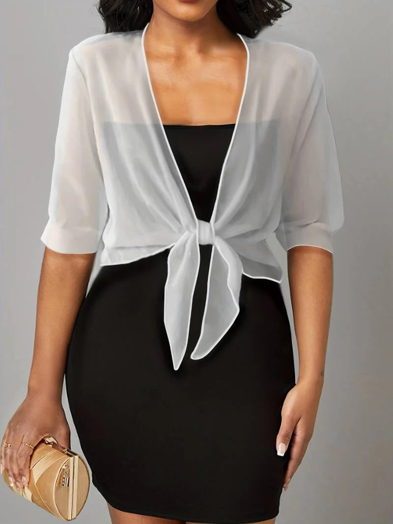 Women's sheer tie front crop cardigan, perfect lightweight summer layer with 3/4 sleeves.