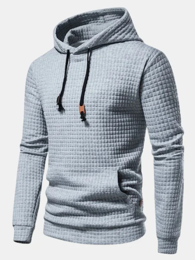Stylish men's hooded fleece pullover sweater for winter fashion & athletic wear. Long sleeve comfort.