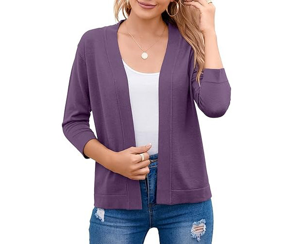 Soft women's open-front cardigan, a lightweight three-quarter sleeve sweater for everyday comfort.
