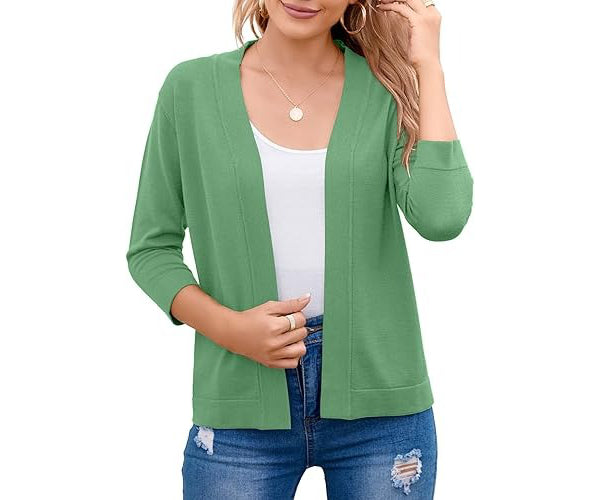 Detail of a women's cozy open-front cardigan sweater, highlighting the soft fabric texture and weave.