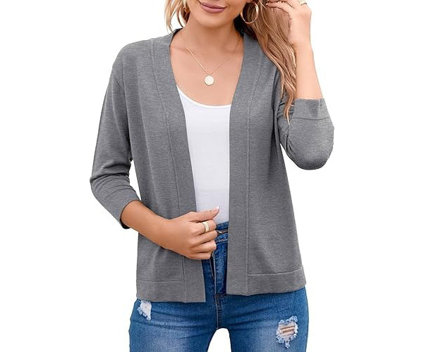 Chic women's open-front cardigan with three-quarter sleeves, perfect for casual wear & layering.
