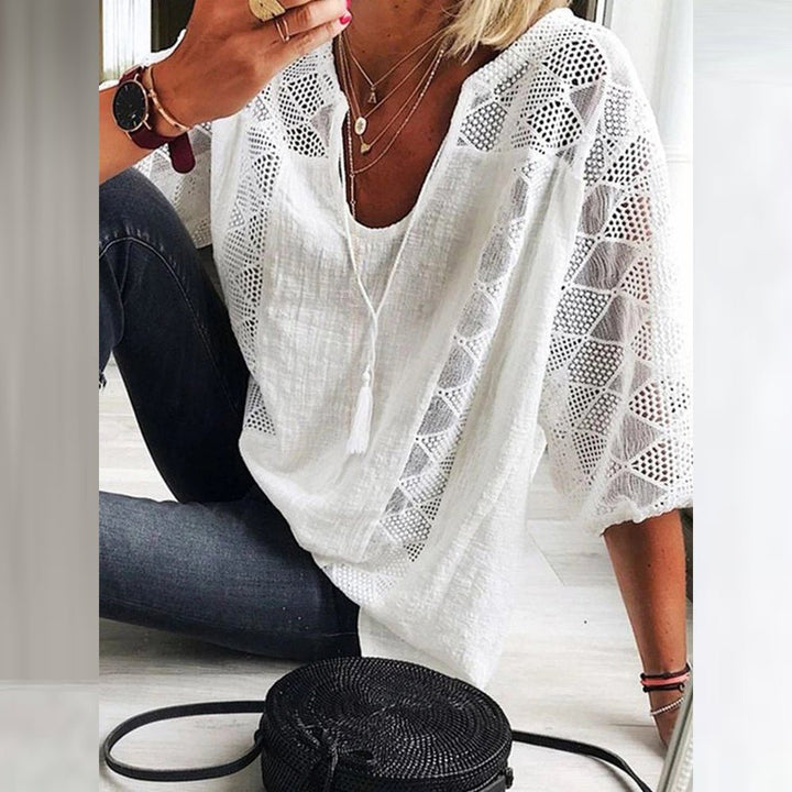 Women's boho chic crochet blouse with relaxed fit, perfect for summer fashion and casual wear.