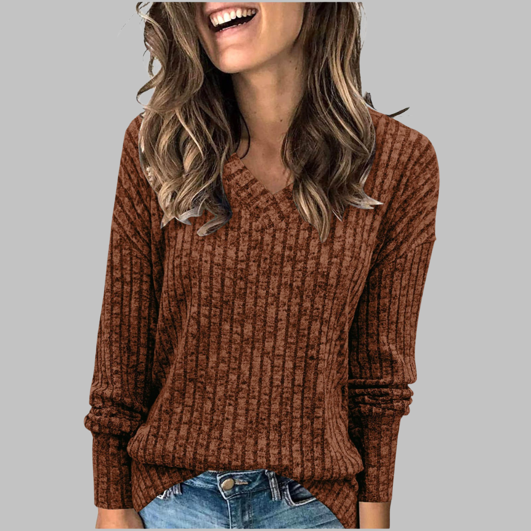 Fall winter women's V-neck long sleeve sweater, relaxed fit, warm & stylish ribbed knit.