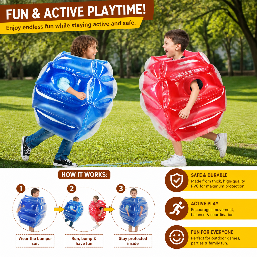 Clear & colorful kids' inflatable bumper ball suit, designed for active outdoor group play & safe bouncing fun.