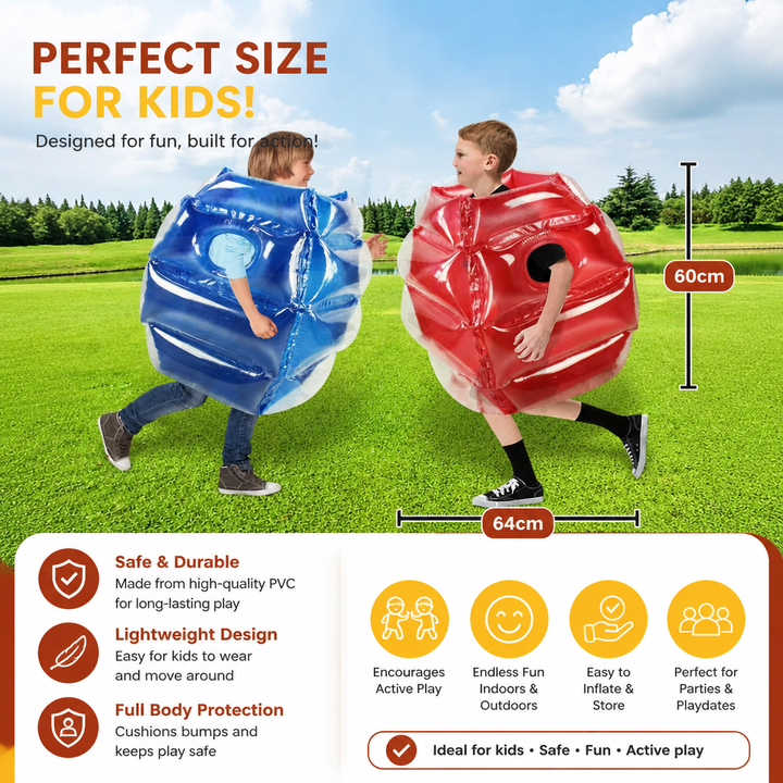 Fun outdoor play equipment: A transparent inflatable bumper ball suit for kids' active bouncing & safe group games.