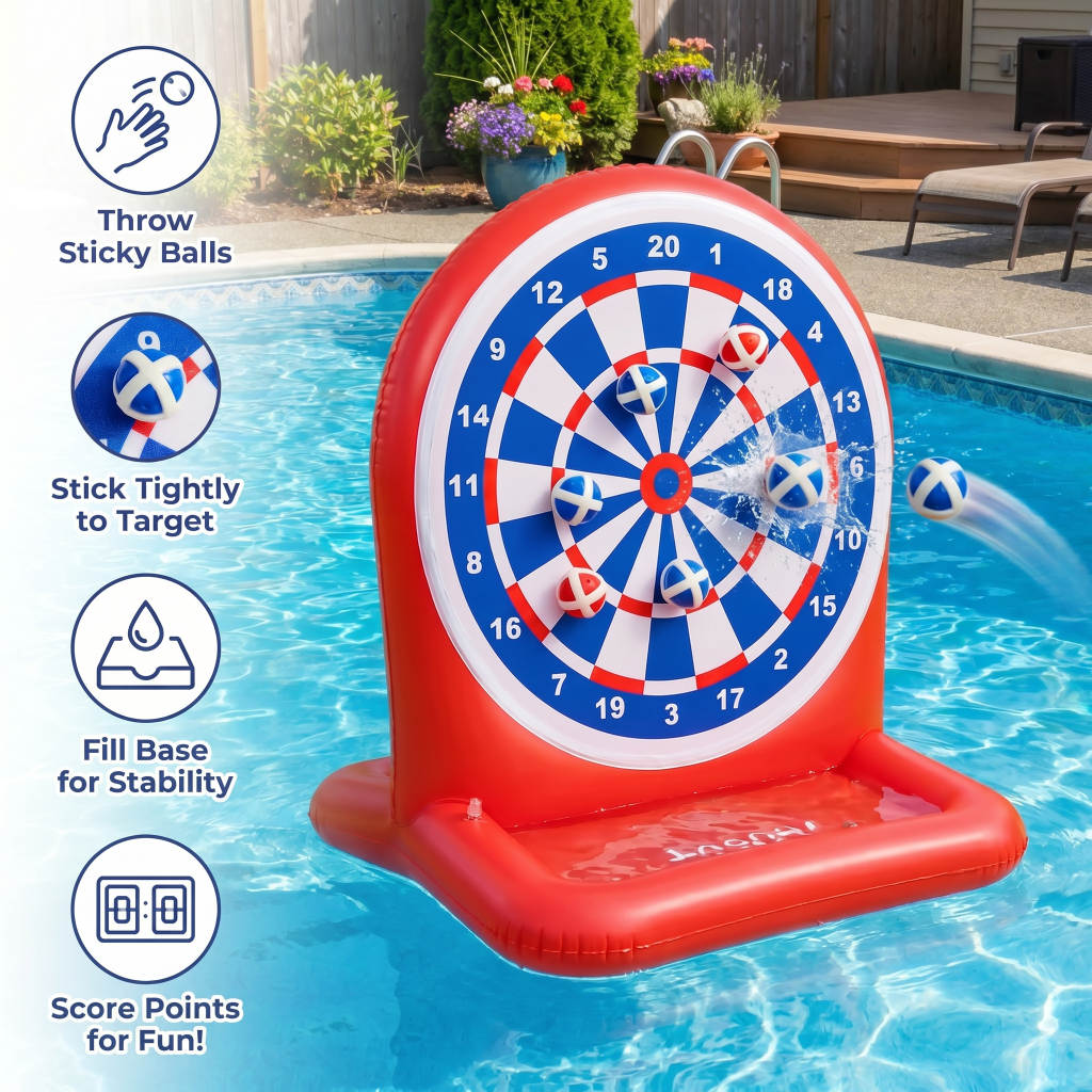 Children aiming sticky darts at a vibrant inflatable water target. Exciting outdoor game for active summer play.