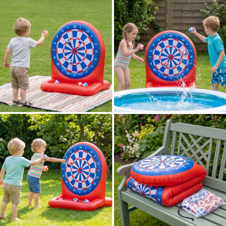 Vibrant inflatable water target game, ideal for outdoor party fun & engaging kids activities with sticky darts.