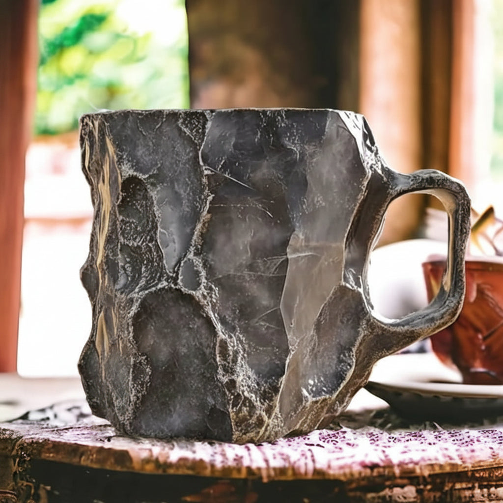 Elegant handcrafted coffee mug with a unique amethyst crystal design, a perfect gift idea.