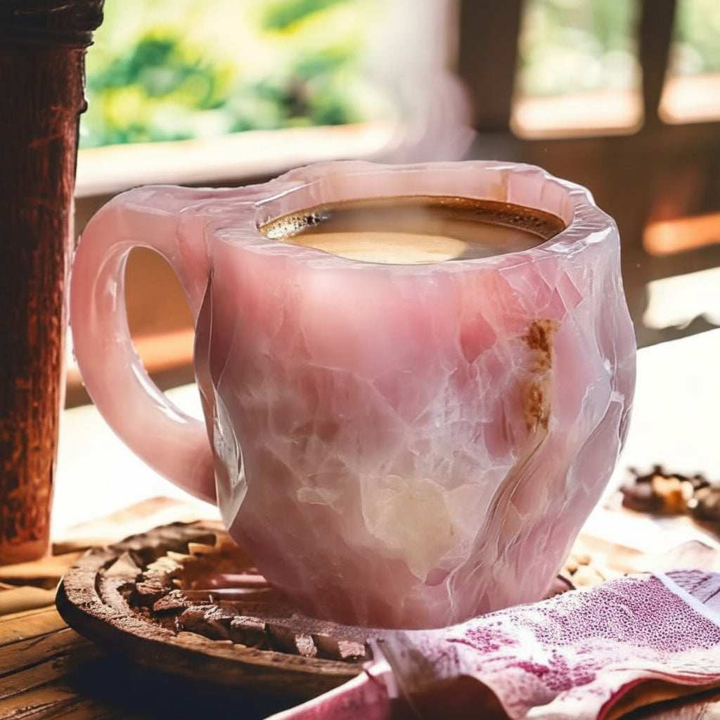 Close-up of a unique handcrafted obsidian crystal design on an insulated coffee mug.
