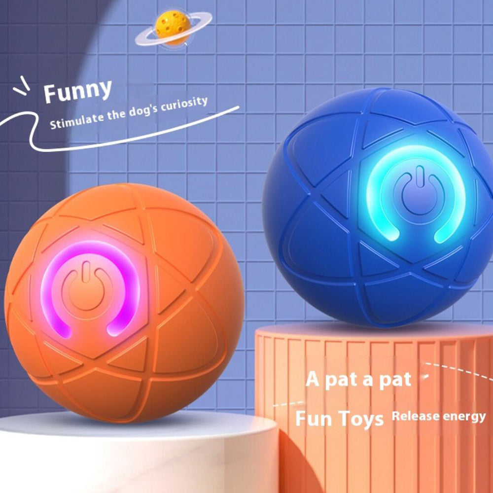 Happy dog chasing a smart interactive pet ball, enjoying automatic exercise & playtime.