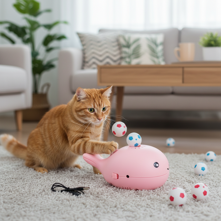 Engaging interactive cat toy dispenser with floating balls for feline enrichment, activity & playtime.