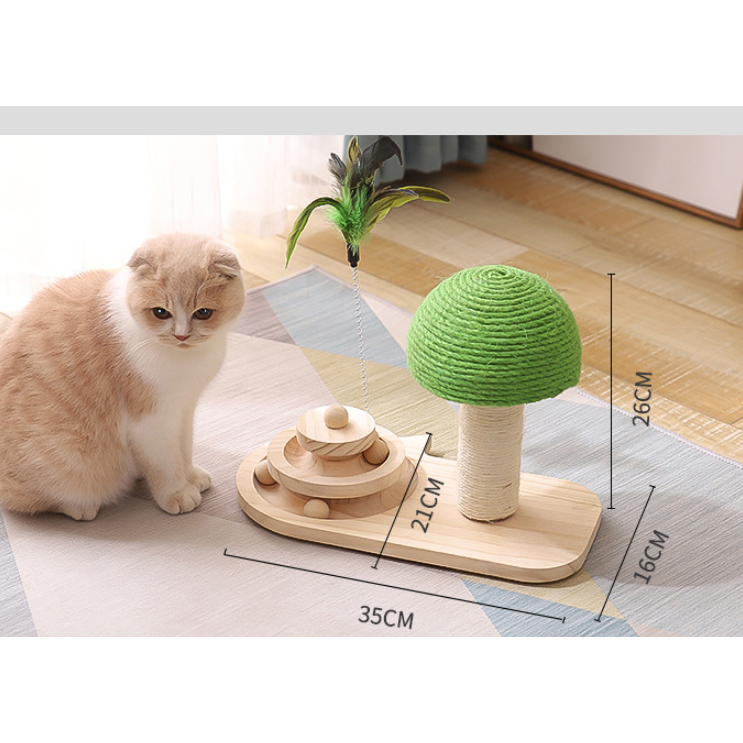 Green wooden interactive cat play center with sisal scratch post and ball track, perfect for active indoor cats.