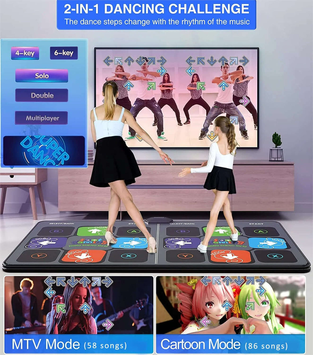 Bright kids dance mat connects to TV, an interactive exercise game for active play and home fun.